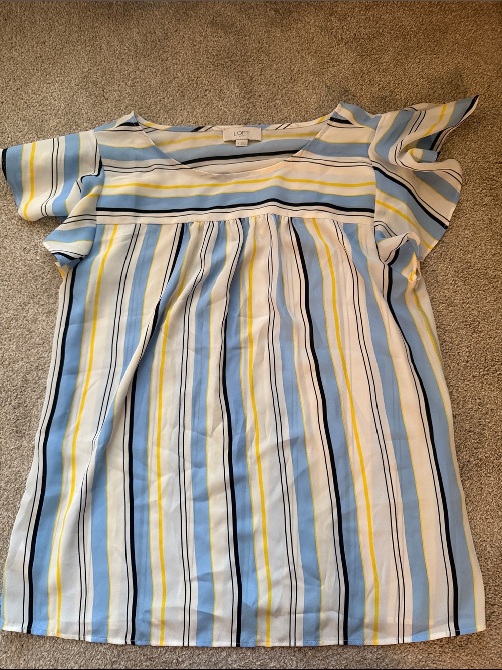 LOFT Striped Flutter-Sleeve Tunic Top in Light Blue, Yellow, White and Black